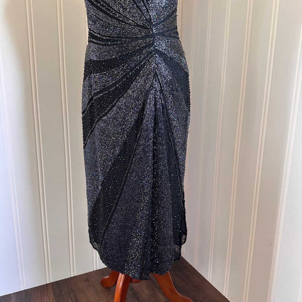 Vintage 90s/Y2K Black Silk Beaded Midi Dress M - Picture 5 of 9